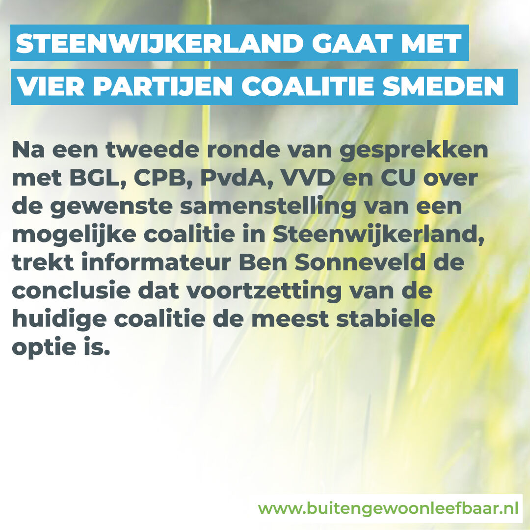 Steenwijkerland gaat met vier partijen coalitie smeden
