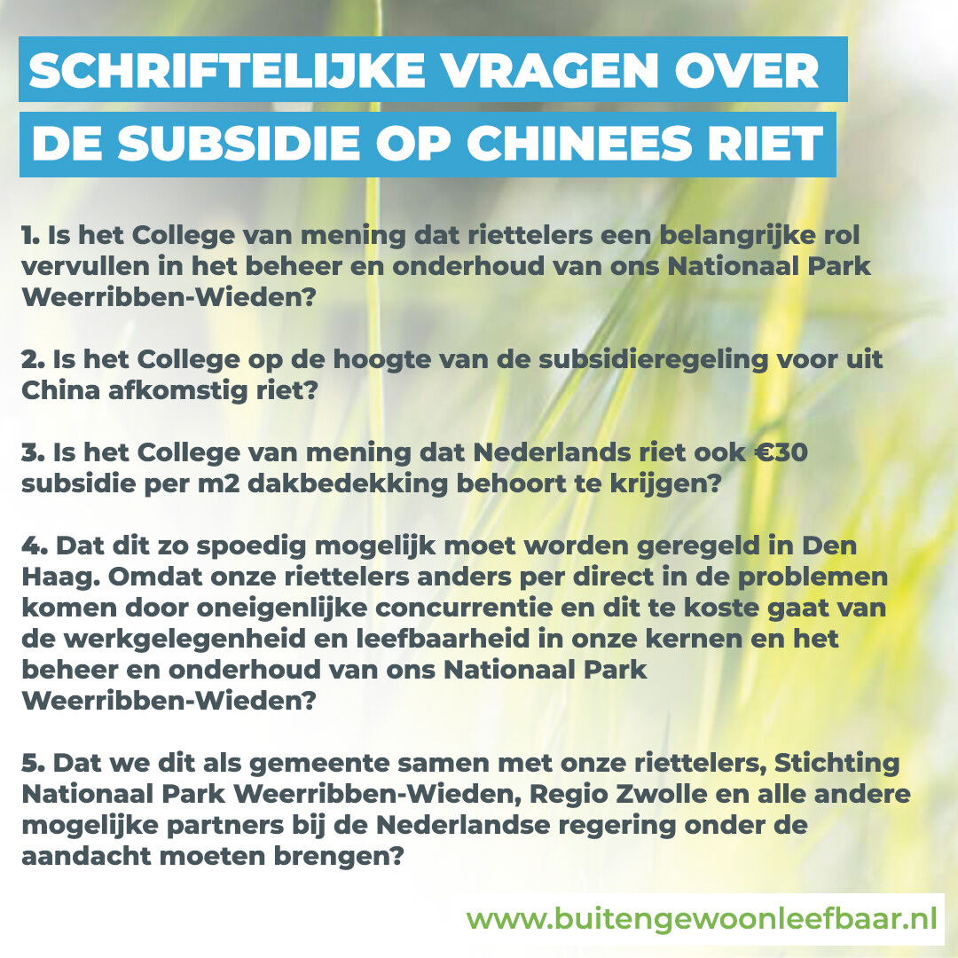Schriftelijke vragen over de subsidie op Chinees riet voor dakbedekking
